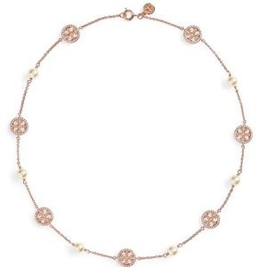 Tory Burch Gold Crystal & Imitation Pearl Necklace